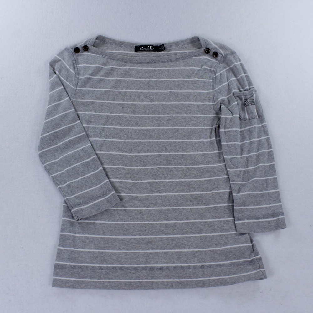 Lauren Ralph Lauren Womens M Gray White Striped Boat Neck Button Shoulder Shirt